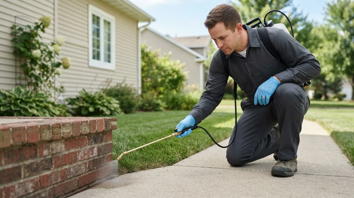 Pest control technician treating a home near Minetto, NY