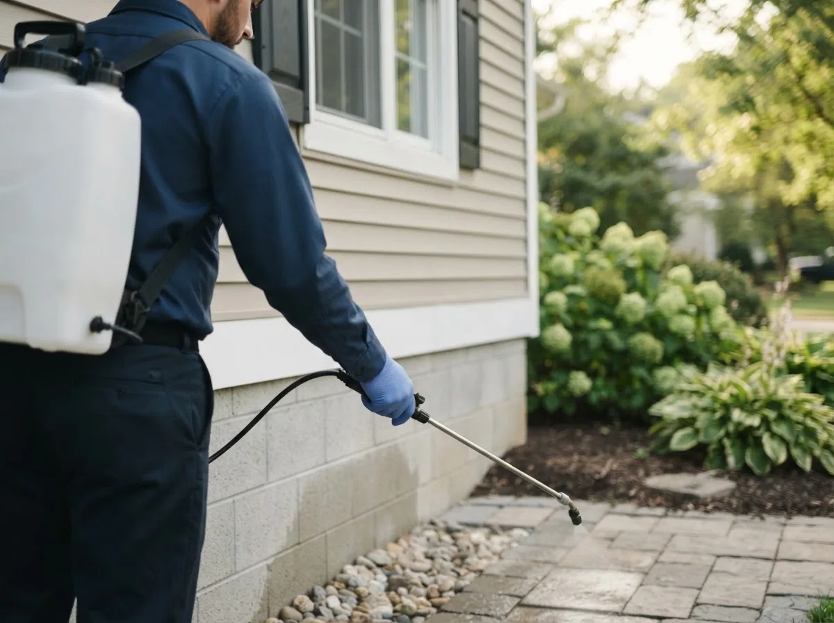 Pest control technician inspecting a home in Minetto, NY
